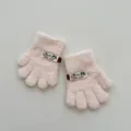 Gants à cinq doigts en polaire corail pour enfants automne hiver joli chat étiquette tricoté - Taille Unique 1-3 Ans / Rose Clair