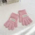 Children cute solid color knit gloves autumn winter warm candy color split finger gloves detail - One Size / Rose Pink