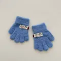 Gants tricotés en peluche bleue pour enfants avec joli label chat et doigts séparés. - Taille Unique 1-3 Ans / Bleu foncé
