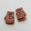 Gants tricotés marron pour enfants demi-doigts avec joli design d'animal de dessin animé. - Taille Unique pour 6-10 Ans / Couleur caramel