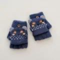 Gants tricotés mi-doigts rabattables pour enfants d'hiver mignons ours dessin animé. - Taille Unique pour 6-10 Ans / Bleu marine