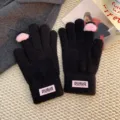Gants tricotés chauds d'hiver avec bouts de doigts tactiles en peluche et étiquette - Taille unique / Noir