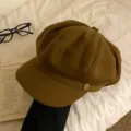 Casquette gavroche marron vintage pour femme, chapeau octogonal rétro avec bouton métal. - L (58-60cm) Grande Taille / Café