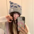 Flauschige Katzenohren Strickmütze für Damen, grau blaue Farbblock Winter warme Beanie Mütze. - Einheitsgröße / Grau