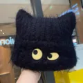Schwarze kuschelige Katzenohren Strickmütze süßer cooler Winter warme Plüsch Beanie Hut - Einheitsgröße (56-62cm) / Schwarz