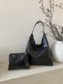 Zwarte PU Lederen Slouchy Hobo Tas en Etui Set, Casual Grote Capaciteit Schoudertas. - Zwart