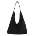 Zwarte suède hobo schoudertas voor dames, grote stijlvolle handtas met metalen oogjes details. - Zwart