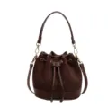 Vintage bruine sude emmer tas met handvat en schouderriem voor dames, stijlvol. - koffiekleur