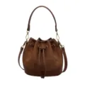 Bruine suède bucket bag voor dames met handige trekkoordsluiting en schouderriem. - Bruin