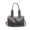 Donkergrijze vintage retro Boston schoudertas met stoere motorstijl en metalen details. - Grijs