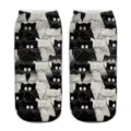Cute 3D cat print women short socks, funny black and white kitten design, soft daily wear. - A233