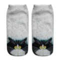 Detailed view of 3d cat print short socks, cute cartoon big eyes pattern, soft fabric comfort. - One Size / A3400