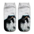 Close up of 3D oil painting cat print short socks, detailed fluffy black white kitty design. - One Size / A399