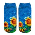 Artistic sunflower print short socks with vibrant blue background for women daily wear details. - One Size / A476
