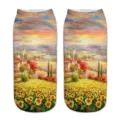 Detailed view of women's 3D printed ankle socks featuring a vibrant sunflower landscape print. - One Size / A469
