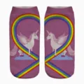 Simpatiche calze corte da donna con stampa 3D unicorno, motivo cuore arcobaleno colorato. - Taglia unica / A072 (Unicorno Viola)