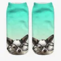 Cute 3D print funny dog short socks with teal gradient background for women daily wear. - One Size / A798