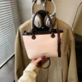 Chic pink and brown colorblock women handbag, stylish top handle shoulder crossbody bag daily use. - No Pendant / Pink