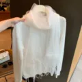 Weisser Strickpullover mit transparentem Netz Schal, koreanischer Stil leichte Fruehling Kleidung. - 190*65cm / Weiß