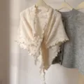 Women white knitted triangle shawl retro elegant wavy edge autumn winter warm cozy wrap - Off White