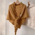 Korean style knit triangular shawl for women, retro wavy edge warm wool blend scarf. - Turmeric