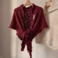 Women knitted triangular shawl retro elegant wavy edge autumn winter solid color warm wrap - Burgundy