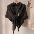 Cozy knit triangular shawl with wavy edges, stylish retro winter women solid color warm apparel. - Coffee