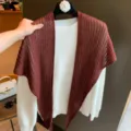 Knit triangular scarf shawl women spring summer stylish hollow design versatile top - 160*45cm / Burgundy