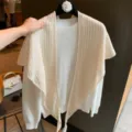 Solid knit wool triangular scarf, elegant women's commuting shawl and stylish outerwear cardigan. - 160*45cm / Off White