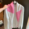 Herbst Winter Damen Farblock Strickpullover Schal Set stilvoll Wollmischung warmer Pullover. - 145*35cm / Rosa Weiß
