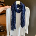 Damen vintage dunkelblau plissiert lang Schal leicht Hals Tuch elegant Herbst Mode Accessoire - Marineblau Bedruckt