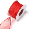 Red sheer organza ribbon spool detail showing fine texture for gift packaging and DIY crafts. - Solid Edge Fishtail (F6040) / 4cm Width 9m/Roll / Bright Red