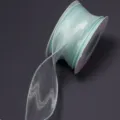 Detail view of light green organza ribbon roll with translucent fishtail yarn texture for DIY. - Solid Edge Fishtail (F6040) / 4cm Width 9m/Roll / Seaweed Green