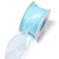 Light blue organza ribbon detail view, sheer fabric ribbon for gift wrapping and DIY crafts. - Solid Edge Fishtail (F6040) / 4cm Width 9m/Roll / Lake Blue