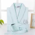 Green waffle knit cotton bathrobe for men and women, comfortable hotel sleepwear and soft homewear. - S / Robe / Emerald Blue