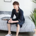 Men dark blue pure cotton bathrobe, comfortable sleepwear and loungewear for indoor relaxing. - M / Robe / Navy Blue