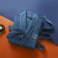 Blue cotton waffle bathrobe for couples, comfortable sleepwear with belt and embroidery for daily use. - Teal