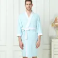 Men's light blue cotton bathrobe with white contrast trim, casual seven sleeve sleepwear. - M / Robe / Solid Blue