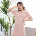 Women short sleeve pink nightgown bamboo fiber sleepwear comfortable loungewear dress summer - M / Robe / Flesh Pink
