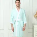 Light blue men's cotton bathrobe with white trim, comfortable short sleeve homewear. - M / Robe / Solid Green