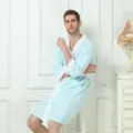 Men light blue striped bathrobe comfortable casual sleepwear V-neck summer loungewear - Striped Blue