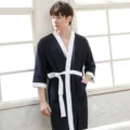 Men waffle cotton bathrobe summer sleepwear lightweight kimono loungewear robe with belt - M / Robe / Navy Blue