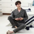Men's long-sleeve cotton pajama set, comfortable sleepwear home loungewear for spring autumn. - L / Top And Bottom / Gray