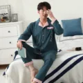 Men's long-sleeve cotton pajama set with contrast pink collar and cuffs for comfortable home wear. - L / Top And Bottom / Green