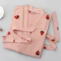 Pink cotton bathrobe with cute strawberry print, V-neck design, comfortable sleepwear for women. - M / Robe / Strawberry Pink