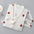 White cotton women robe with cute red strawberry print V-neck sleepwear with belt XL - M / Robe / Strawberry White