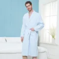 Men's breathable pure cotton waffle bathrobe light blue hotel spa sleepwear casual loungewear - S / Robe / Blue