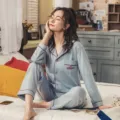 Comfortable long sleeve cotton pajama set for women, soft sleepwear with cute chest embroidery. - M / Top And Bottom / Blue