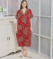 Rotes Baumwoll Nachthemd kurzarm blumig lang lose Schlafkleidung Frühling Sommer Nachtkleid - M / Morgenmantel / Rotes Blumenmuster