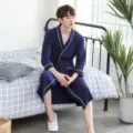 Men's navy blue long sleeve bathrobe with white piping, comfortable sleepwear for spring and autumn. - Male Navy Blue